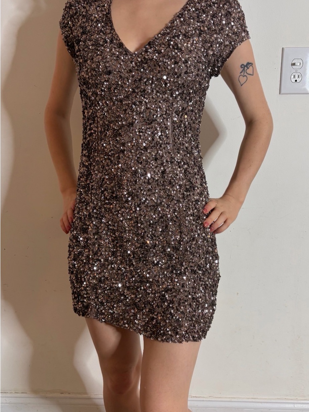 Parker Metallic Brown Sequin V-Neck Short Dress
